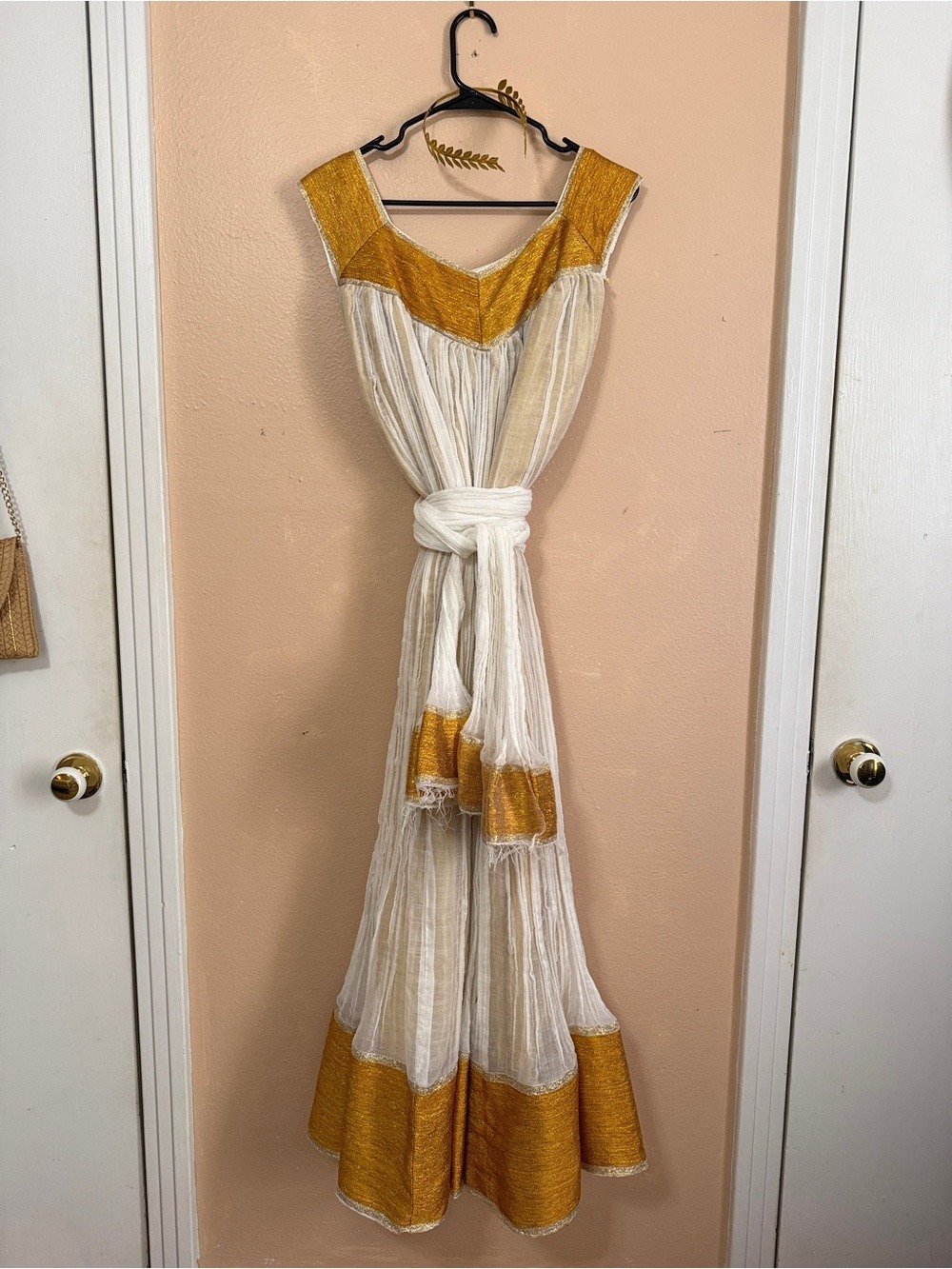 π Greek Goddess White and Gold Maxi Dress with Sash - Picture 3 of 11
